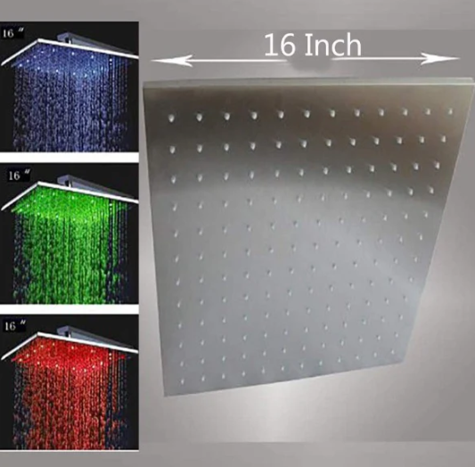 16" Square Rainfall LED Shower Head